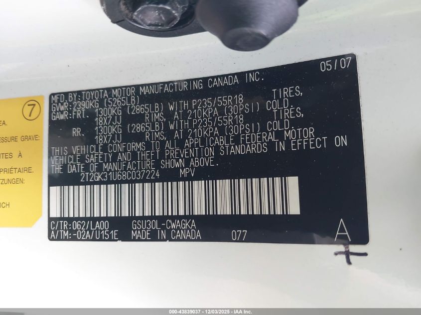 2008 Lexus Rx 350 VIN: 2T2GK31U68C037224 Lot: 43839037