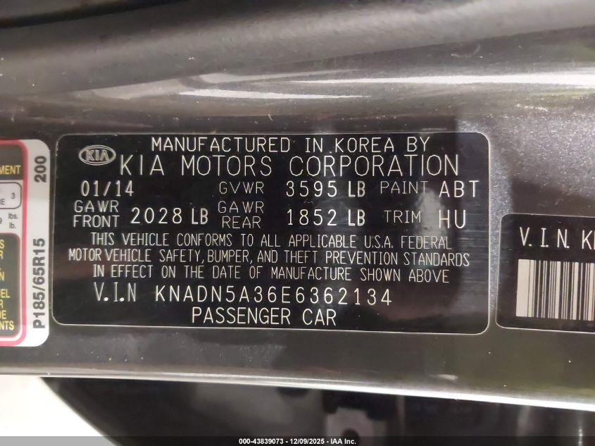 2014 Kia Rio Ex VIN: KNADN5A36E6362134 Lot: 43839073