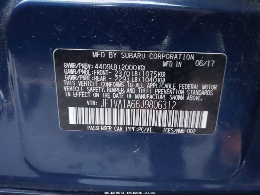 2018 Subaru Wrx VIN: JF1VA1A66J9806312 Lot: 43839074