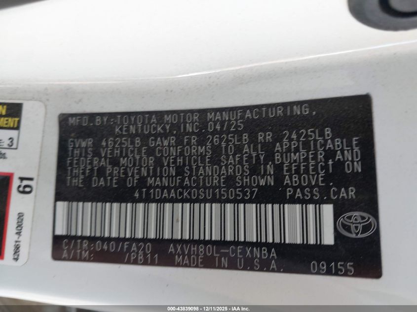 2025 Toyota Camry Le VIN: 4T1DAACK0SU150537 Lot: 43839098