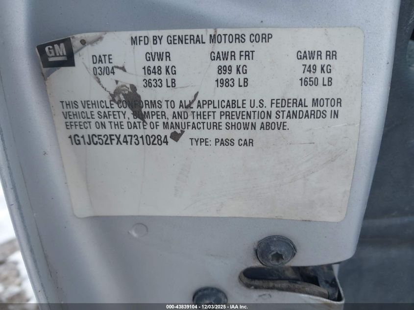 2004 Chevrolet Cavalier VIN: 1G1JC52FX47310284 Lot: 43839104