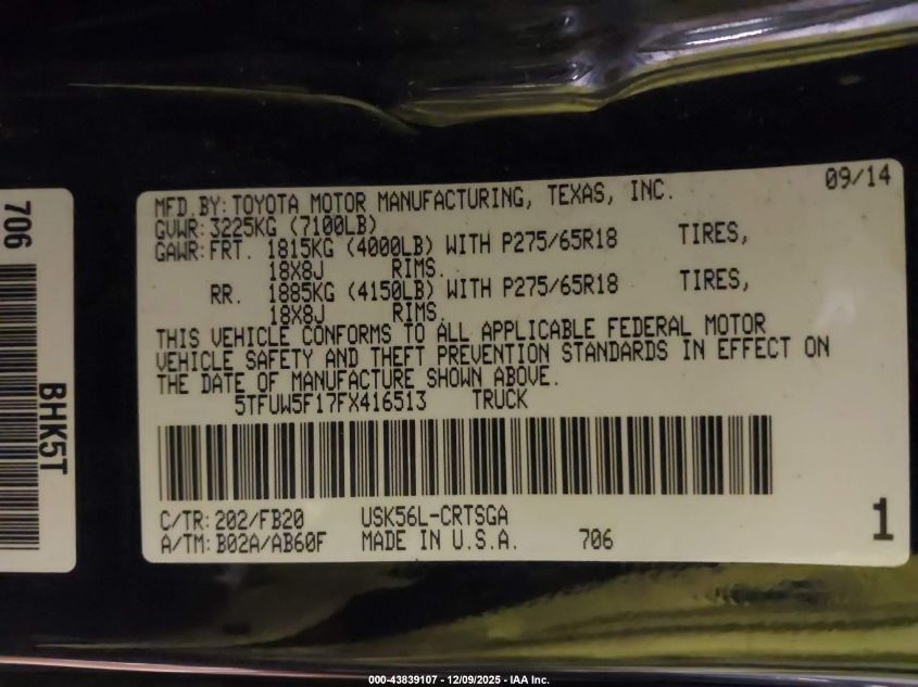 2015 Toyota Tundra Sr5 5.7L V8 VIN: 5TFUW5F17FX416513 Lot: 43839107