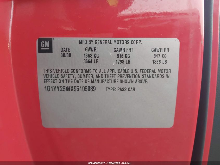 2009 Chevrolet Corvette VIN: 1G1YY25WX95105089 Lot: 43839117