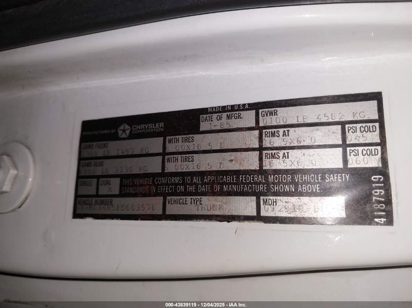 1985 Dodge D-Series D300/D350 VIN: 1B7MD34W5FS603576 Lot: 43839119