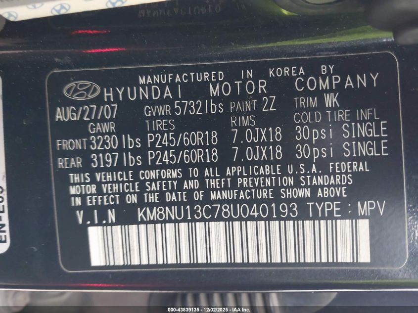 2008 Hyundai Veracruz Gls/Limited/Se VIN: KM8NU13C78U040193 Lot: 43839135