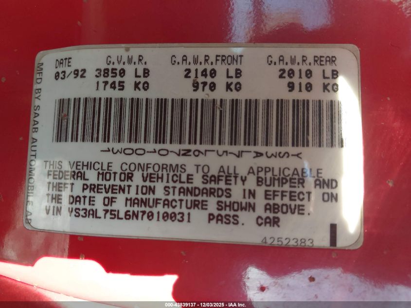 1992 Saab 900 VIN: YS3AL75L6N7010031 Lot: 43839137