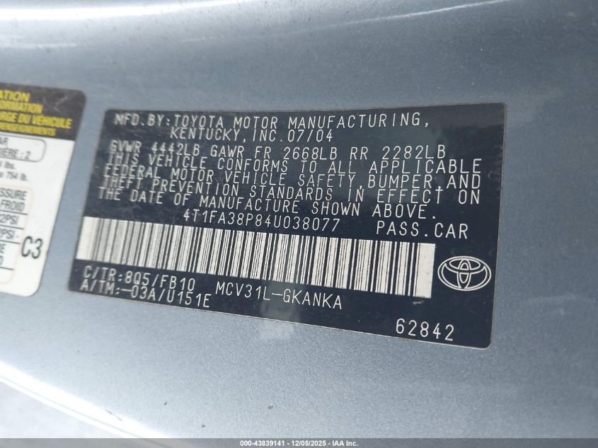 2004 Toyota Camry Solara Se VIN: 4T1FA38P84U038077 Lot: 43839141