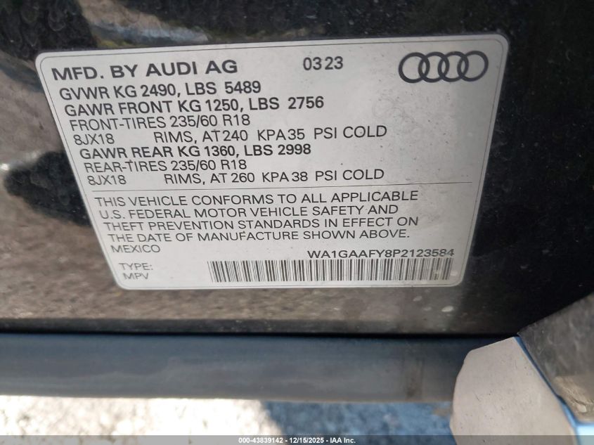 2023 Audi Q5 Premium 45 Tfsi S Line Quattro VIN: WA1GAAFY8P2123584 Lot: 43839142