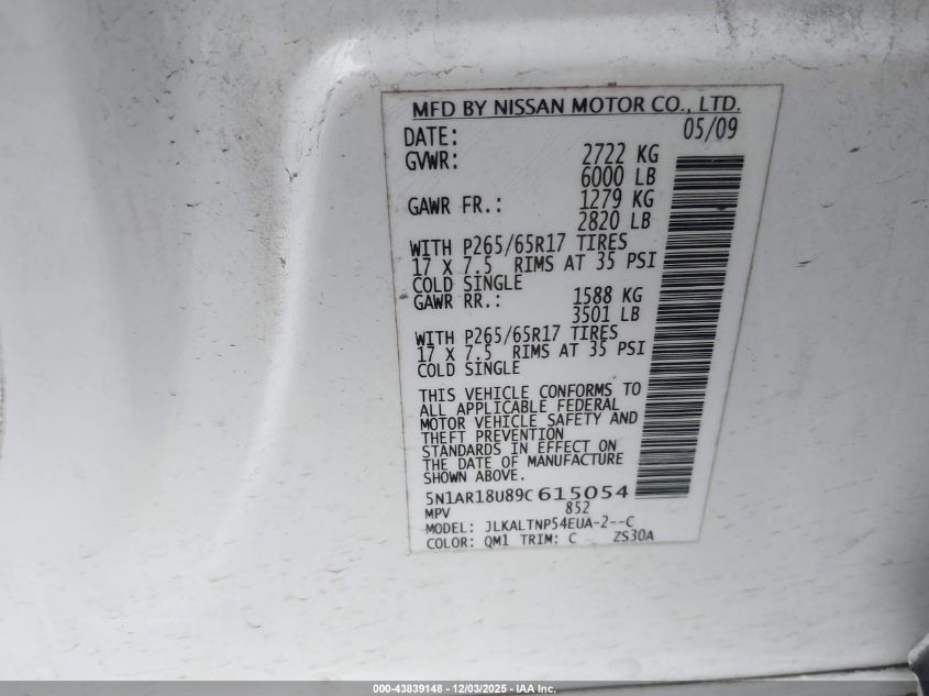 2009 Nissan Pathfinder Se VIN: 5N1AR18U89C615054 Lot: 43839148