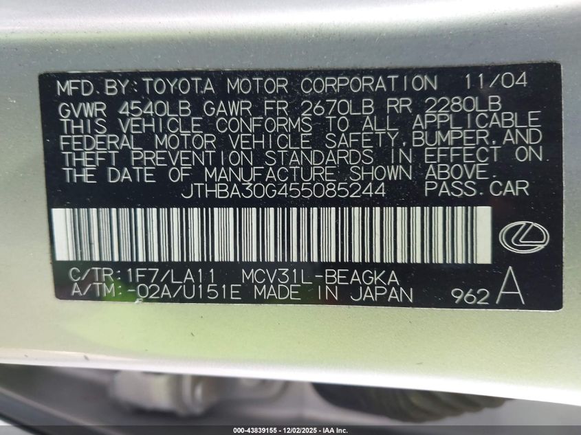 2005 Lexus Es 330 VIN: JTHBA30G455085244 Lot: 43839155