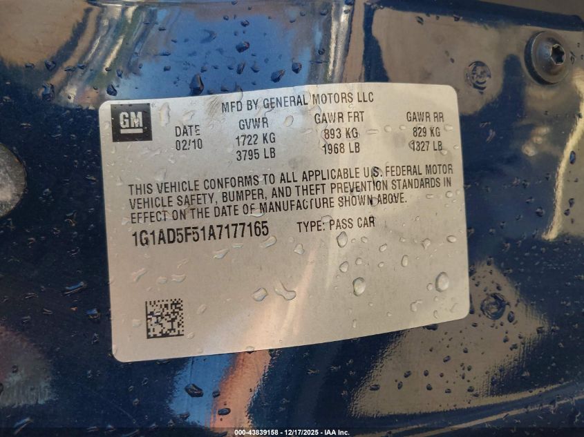 2010 Chevrolet Cobalt Lt VIN: 1G1AD5F51A7177165 Lot: 43839158