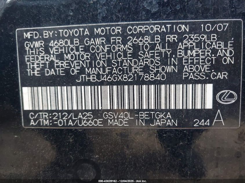 2008 Lexus Es 350 VIN: JTHBJ46GX82178840 Lot: 43839162