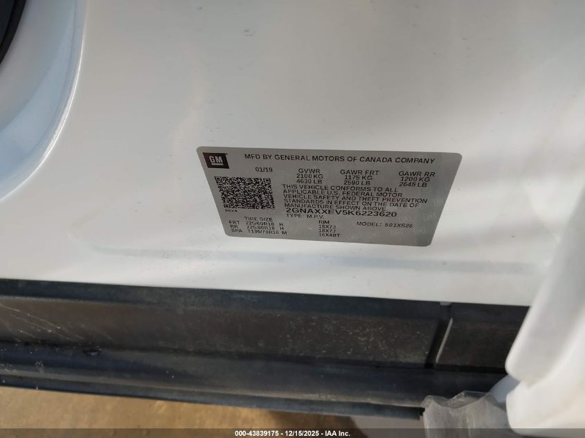 2019 Chevrolet Equinox Premier VIN: 2GNAXXEV5K6223620 Lot: 43839175