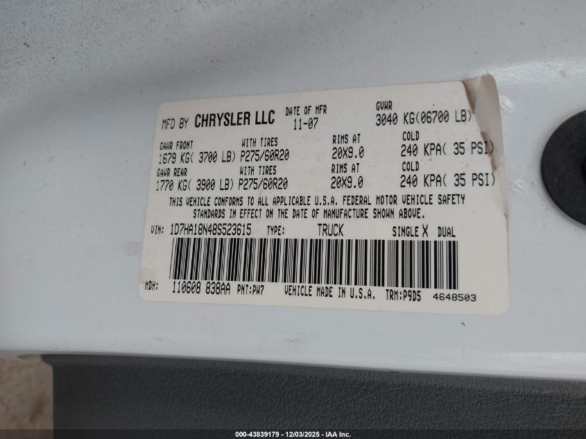 2008 Dodge Ram 1500 Slt VIN: 1D7HA18N48S523615 Lot: 43839179