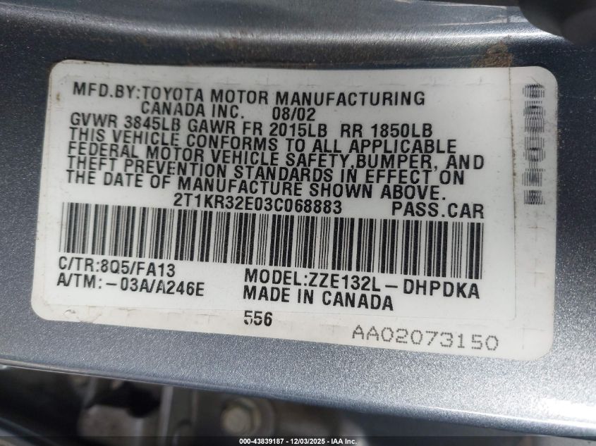 2003 Toyota Matrix Standard VIN: 2T1KR32E03C068883 Lot: 43839187