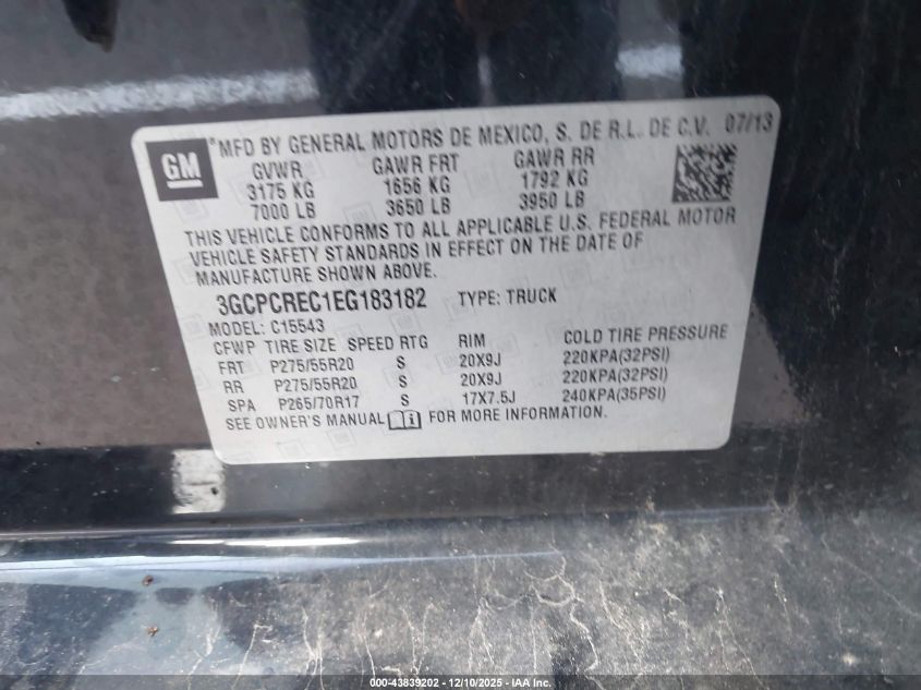 2014 Chevrolet Silverado 1500 2Lt VIN: 3GCPCREC1EG183182 Lot: 43839202