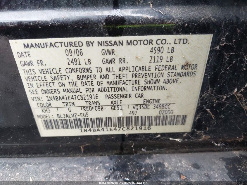 2007 Nissan Maxima 3.5 Se VIN: 1N4BA41E47C821916 Lot: 43839203