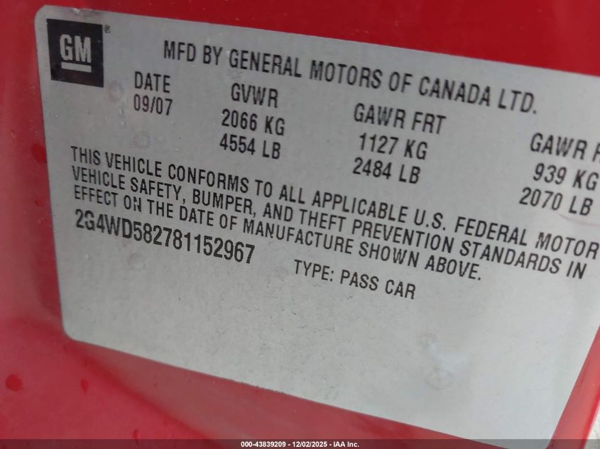 2008 Buick Lacrosse Cxl VIN: 2G4WD582781152967 Lot: 43839209