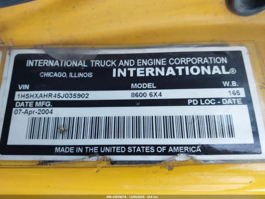 2005 International 8000 8600 VIN: 1HSHXAHR45J035902 Lot: 43839216