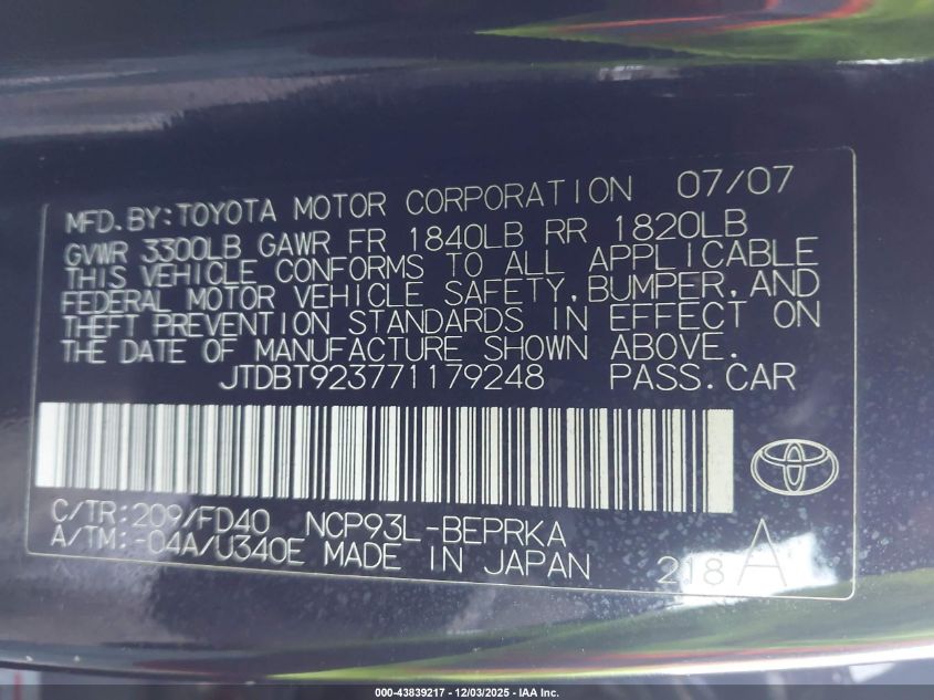 2007 Toyota Yaris VIN: JTDBT923771179248 Lot: 43839217