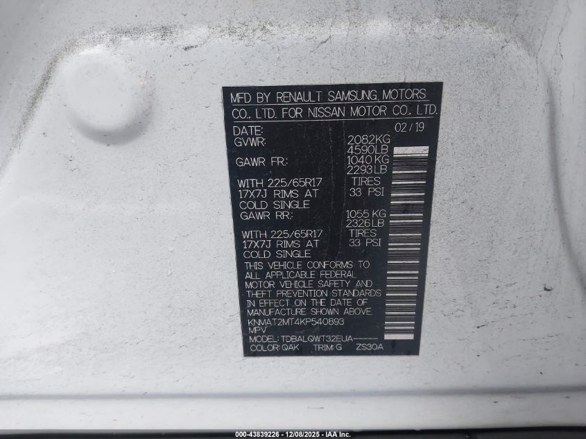 2019 Nissan Rogue Sv VIN: KNMAT2MT4KP540893 Lot: 43839226