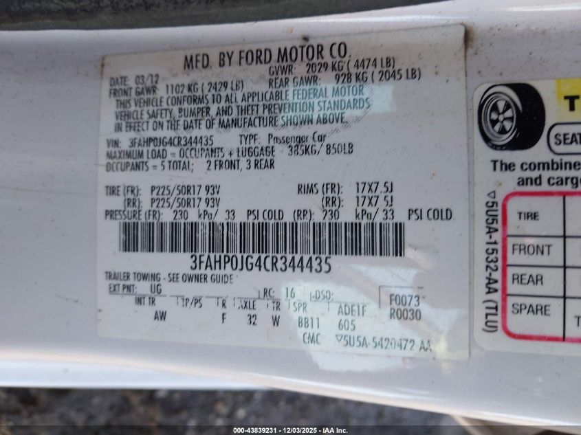 2012 Ford Fusion Sel VIN: 3FAHP0JG4CR344435 Lot: 43839231