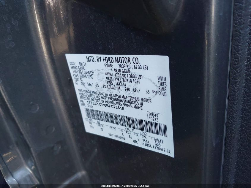 2011 Ford F-150 Xlt VIN: 1FTEX1CM6BFC73515 Lot: 43839238