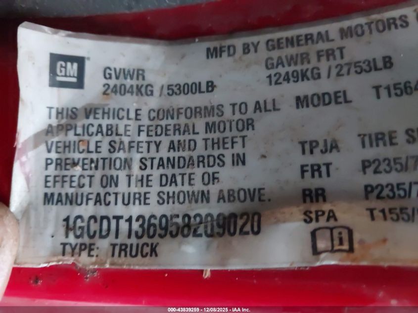 2005 Chevrolet Colorado Ls VIN: 1GCDT136958209020 Lot: 43839259