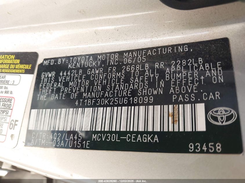 2005 Toyota Camry Xle V6 VIN: 4T1BF30K25U618099 Lot: 43839260