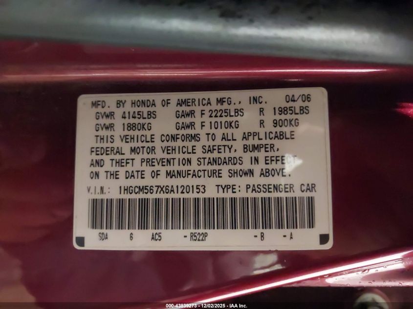 2006 Honda Accord Sdn 2.4 Ex/Ex VIN: 1HGCM567X6A120153 Lot: 43839273