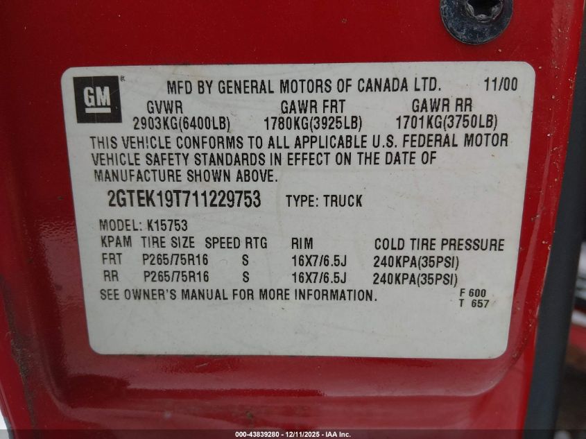 2001 GMC Sierra 1500 Sle VIN: 2GTEK19T711229753 Lot: 43839280