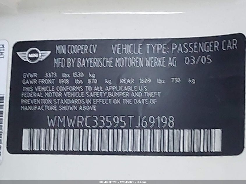 2005 Mini Cooper VIN: WMWRC33595TJ69198 Lot: 43839298