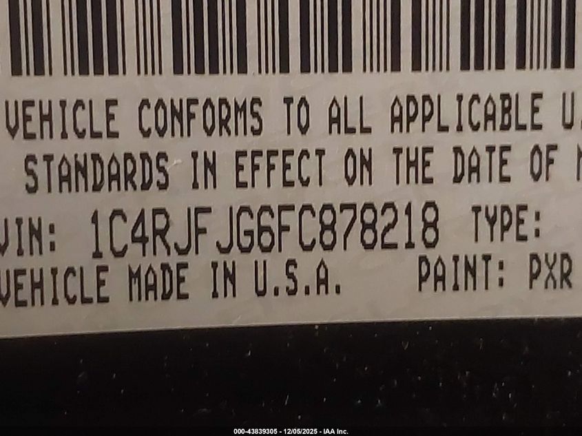 2015 Jeep Grand Cherokee Summit VIN: 1C4RJFJG6FC878218 Lot: 43839305