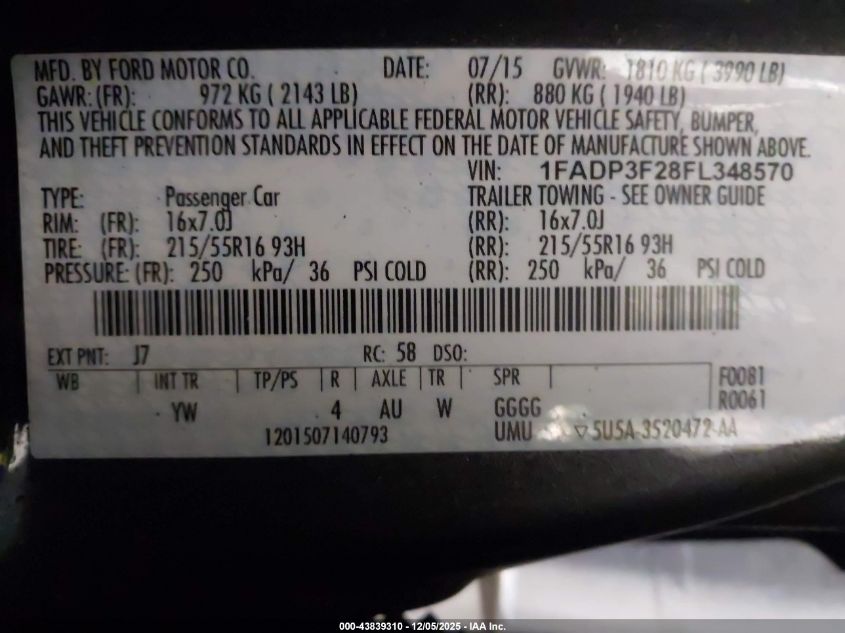 2015 Ford Focus Se VIN: 1FADP3F28FL348570 Lot: 43839310