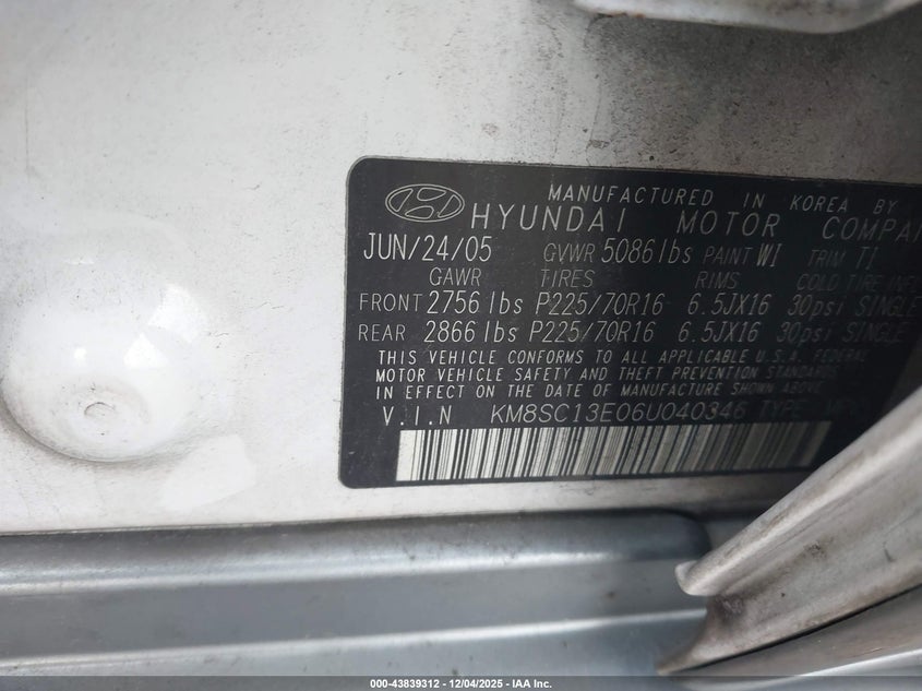 KM8SC13E06U040346 2006 HYUNDAI SANTA FE photo no. 9