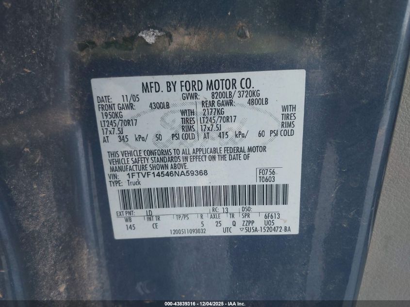 2006 Ford F-150 Fx4/Xl/Xlt VIN: 1FTVF14546NA59368 Lot: 43839316