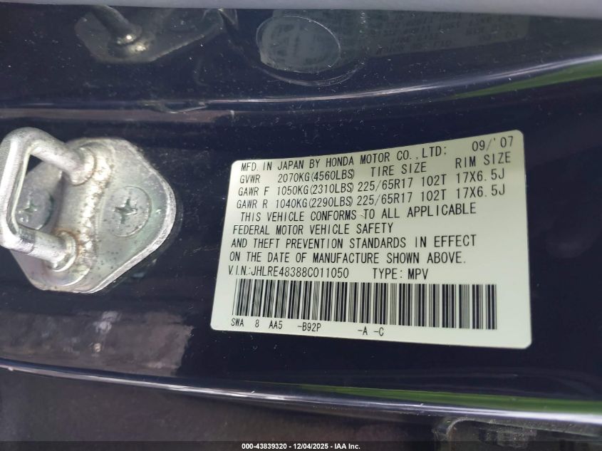 2008 Honda Cr-V Lx VIN: JHLRE48388C011050 Lot: 43839320