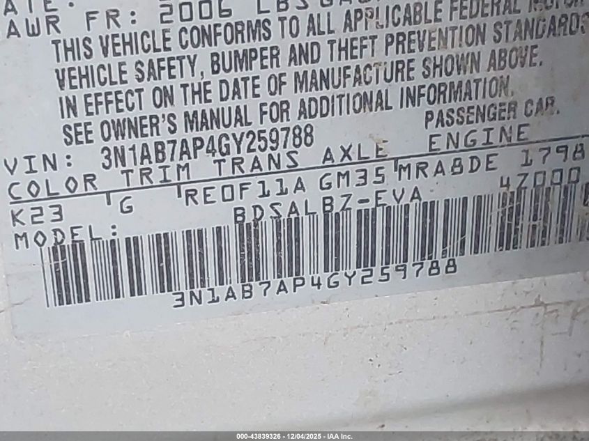 2016 Nissan Sentra S VIN: 3N1AB7AP4GY259788 Lot: 43839326