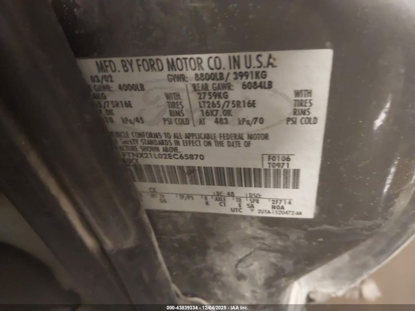 2002 Ford F-250 VIN: 1FTNX21L02EC65870 Lot: 43839334