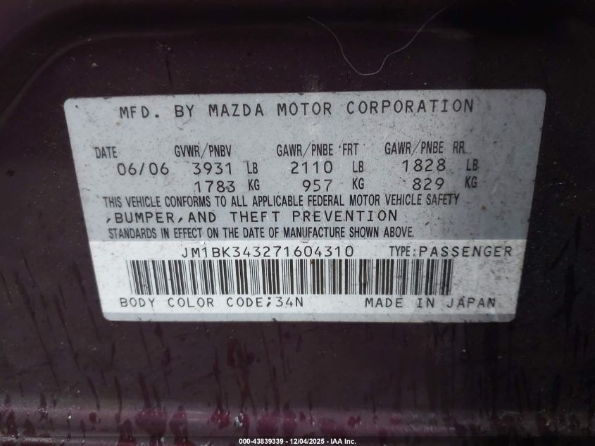 2007 Mazda Mazda3 S Touring VIN: JM1BK343271604310 Lot: 43839339