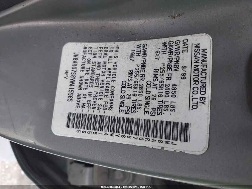 2000 Nissan Pathfinder Le/Se/Xe VIN: JN8AR07S8YW415565 Lot: 43839344