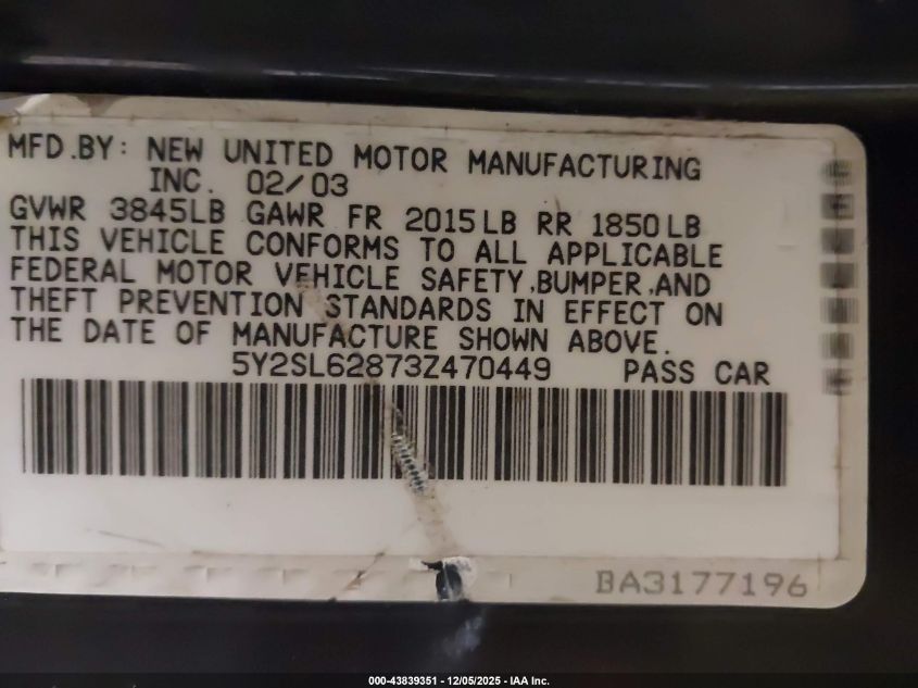 2003 Pontiac Vibe VIN: 5Y2SL62873Z470449 Lot: 43839351