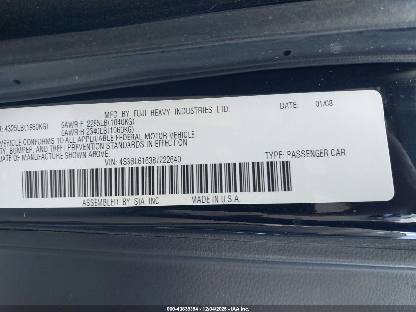 2008 Subaru Legacy 2.5I VIN: 4S3BL616387222640 Lot: 43839354