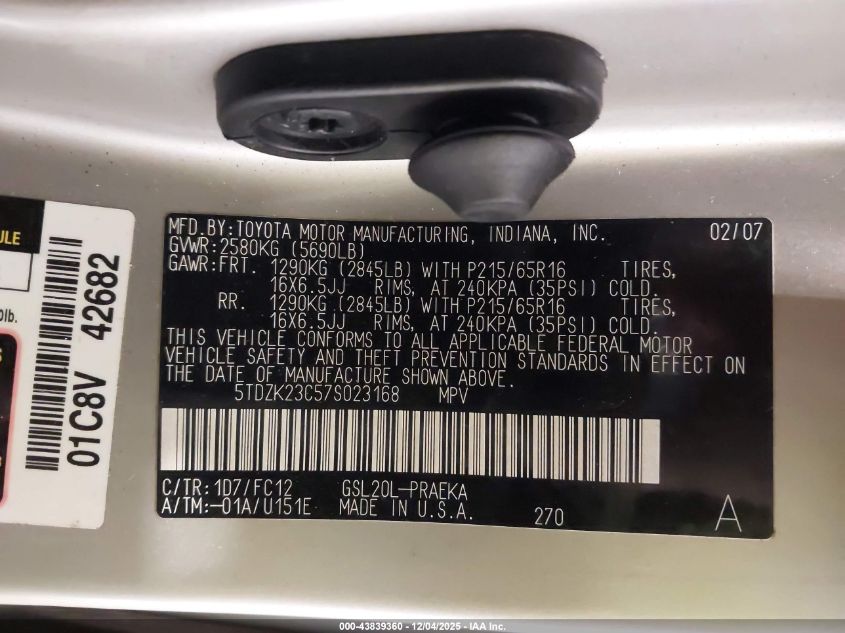 2007 Toyota Sienna Le VIN: 5TDZK23C57S023168 Lot: 43839360