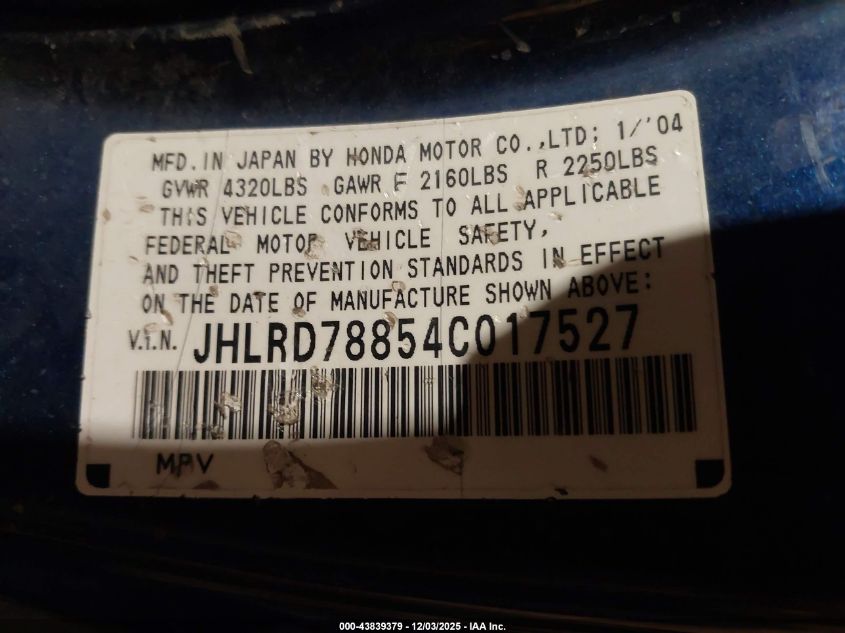 2004 Honda Cr-V Ex VIN: JHLRD78854C017527 Lot: 43839379