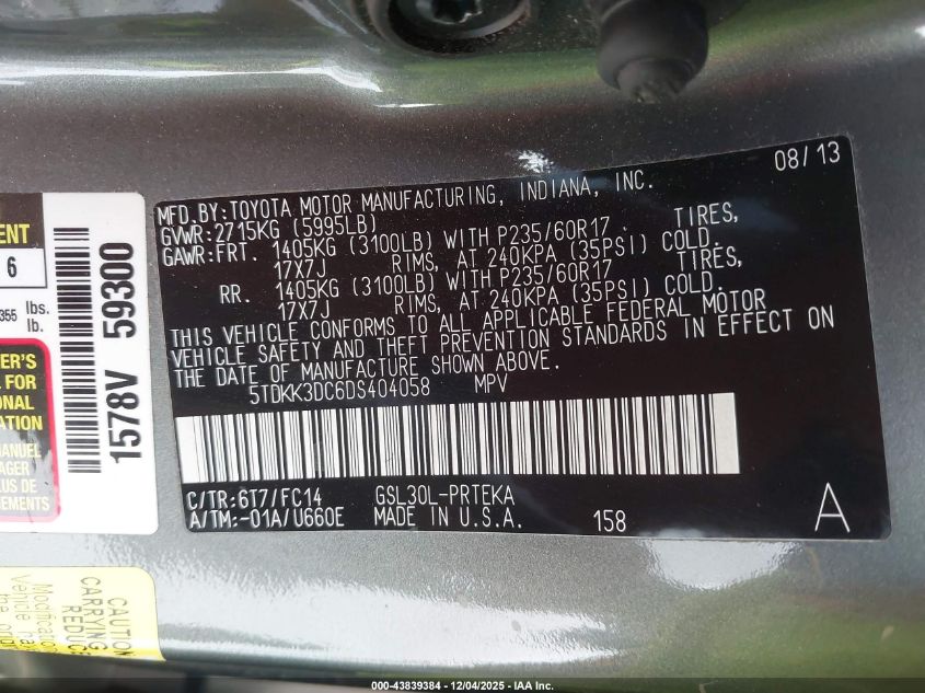 2013 Toyota Sienna Le V6 8 Passenger VIN: 5TDKK3DC6DS404058 Lot: 43839384