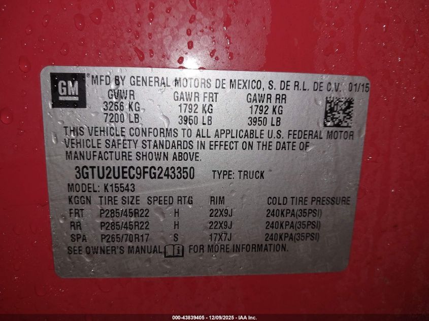 2015 GMC Sierra 1500 Sle VIN: 3GTU2UEC9FG243350 Lot: 43839405