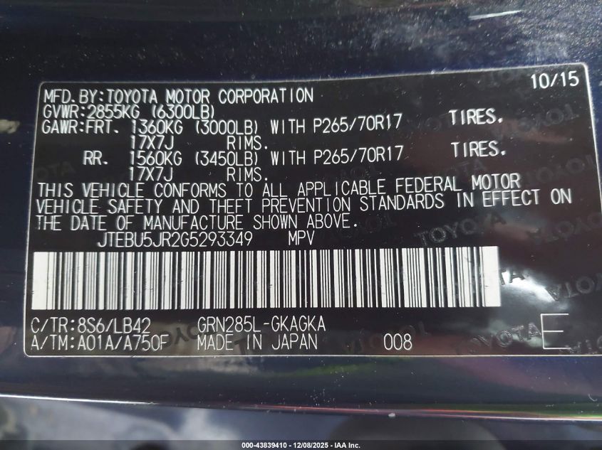 2016 Toyota 4Runner Sr5 Premium VIN: JTEBU5JR2G5293349 Lot: 43839410