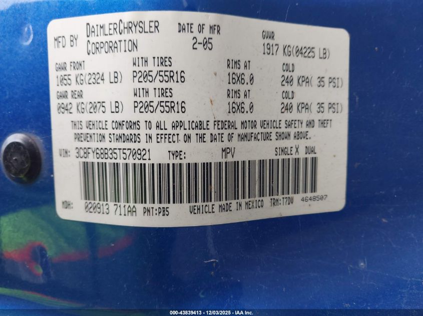 2005 Chrysler Pt Cruiser Limited VIN: 3C8FY68B35T570921 Lot: 43839413