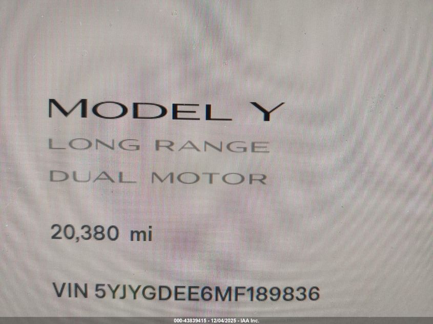 2021 Tesla Model Y Long Range Dual Motor All-Wheel Drive VIN: 5YJYGDEE6MF189836 Lot: 43839415